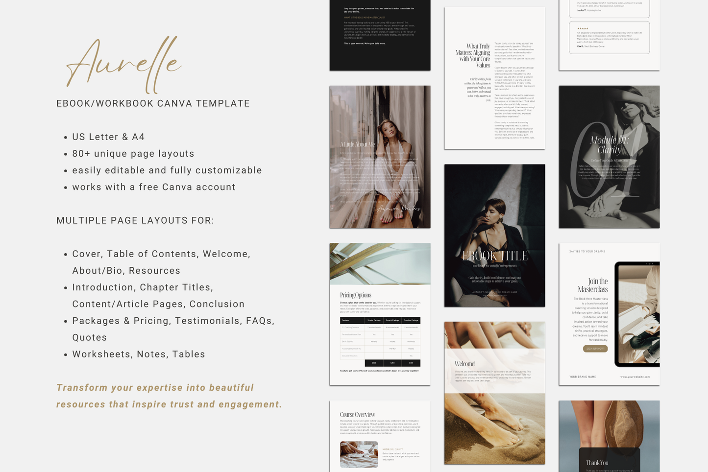 Editable Canva template with clean, editorial design and warm neutral color palette for coaching ebooks, client workbooks, guides, and digital wellness resources