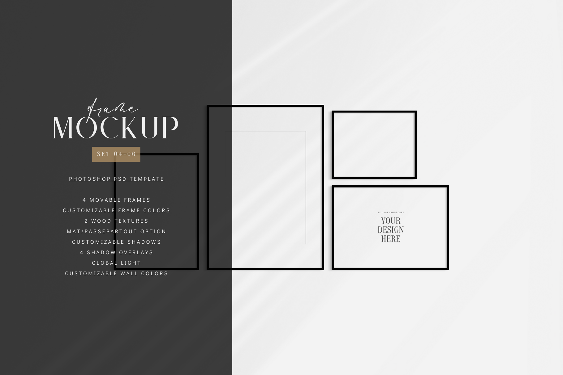 Gallery wall mockup set of 4 movable black frames, PSD wall art mockup template.