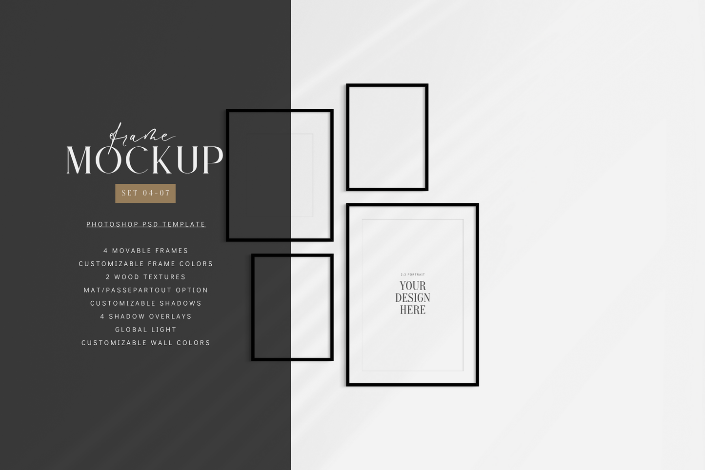 Gallery wall mockup set of 4 vertical black frames, PSD wall art mockup template.