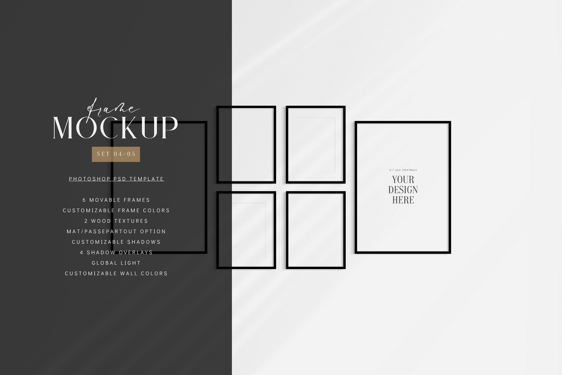 Gallery wall mockup set of 6 movable black frames, PSD wall art mockup template.