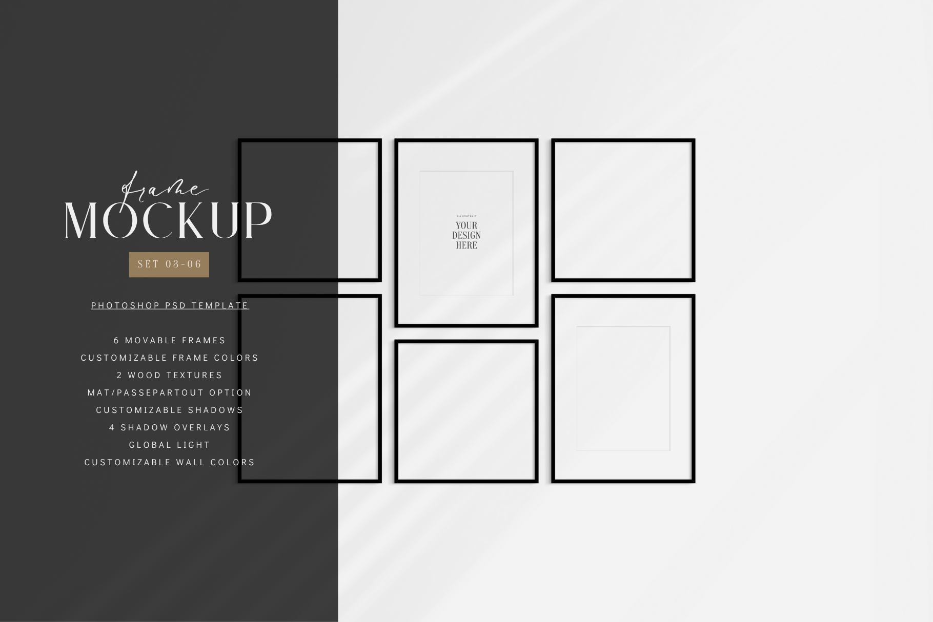 Gallery wall mockup set of 6 vertical and square black frames, PSD wall art mockup template.