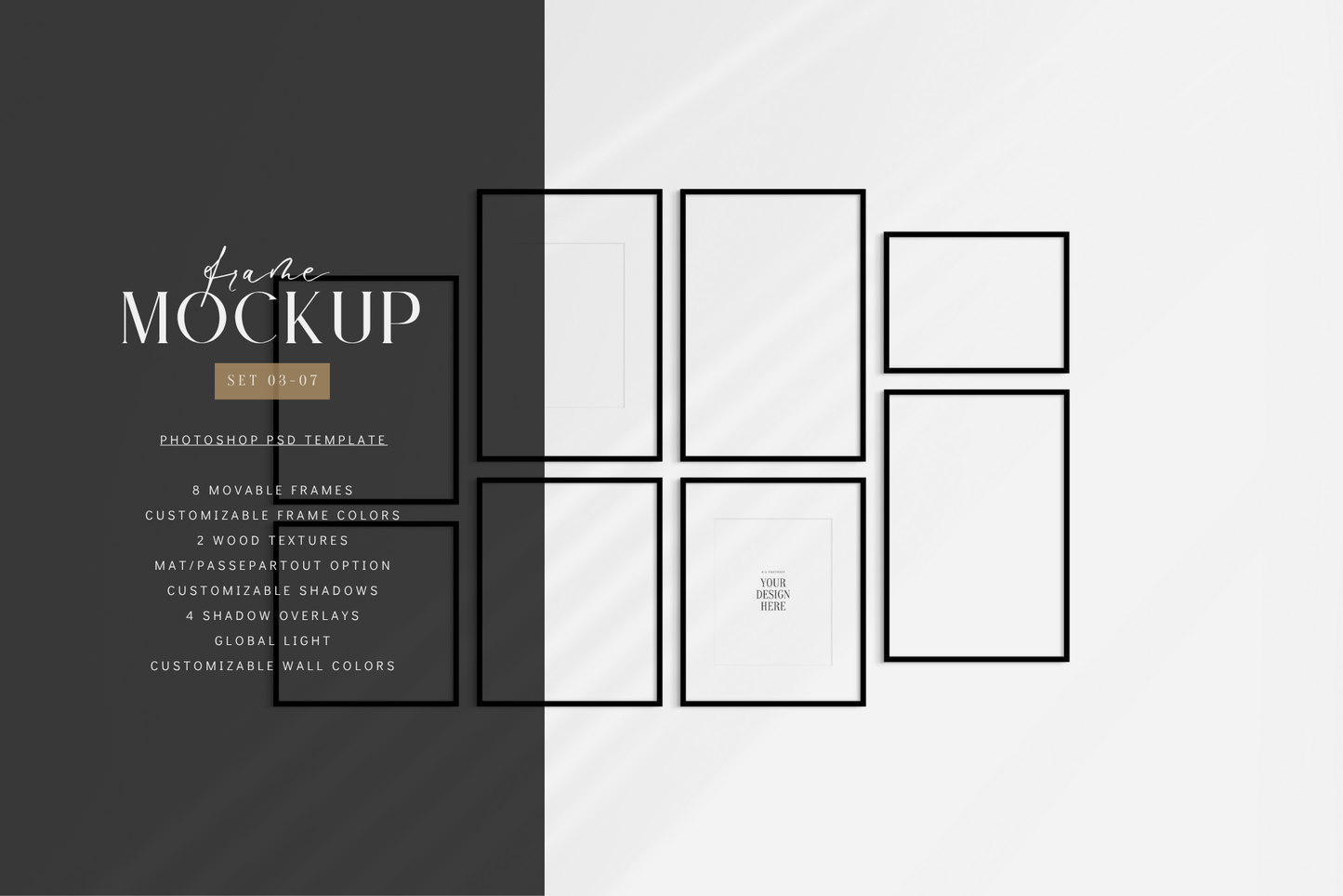 Gallery wall mockup set of 8 movable black frames, PSD wall art mockup template.