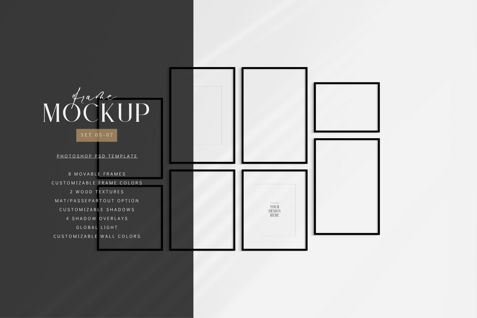Gallery wall mockup set of 8 movable black frames, PSD wall art mockup template.