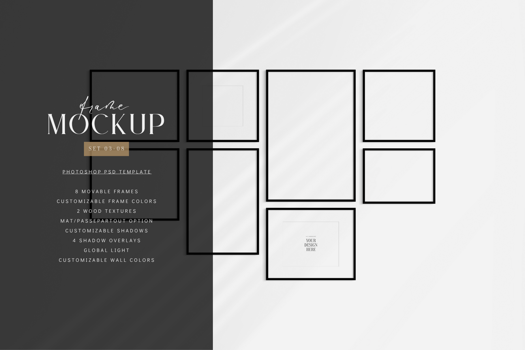 Gallery wall mockup set of 8 movable black frames, PSD wall art mockup template.