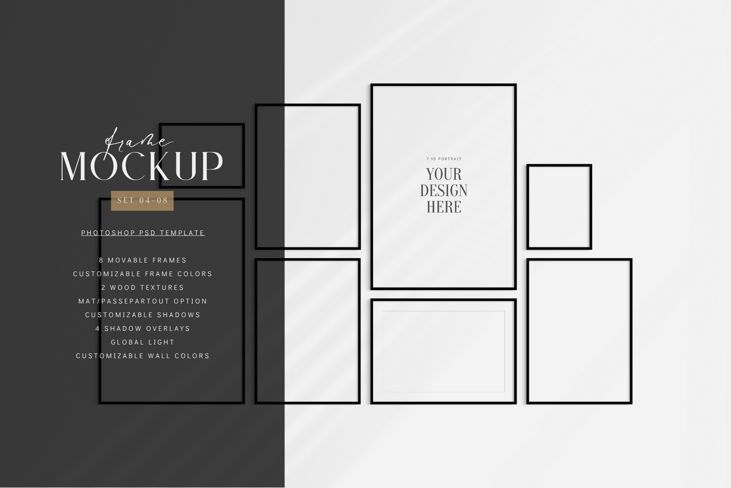 Gallery wall mockup set of 8 vertical and horizontal black frames, PSD wall art mockup.