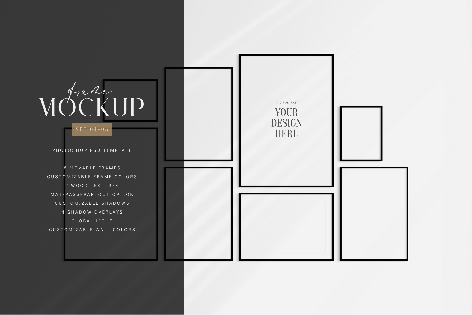 Gallery wall mockup set of 8 vertical and horizontal black frames, PSD wall art mockup.