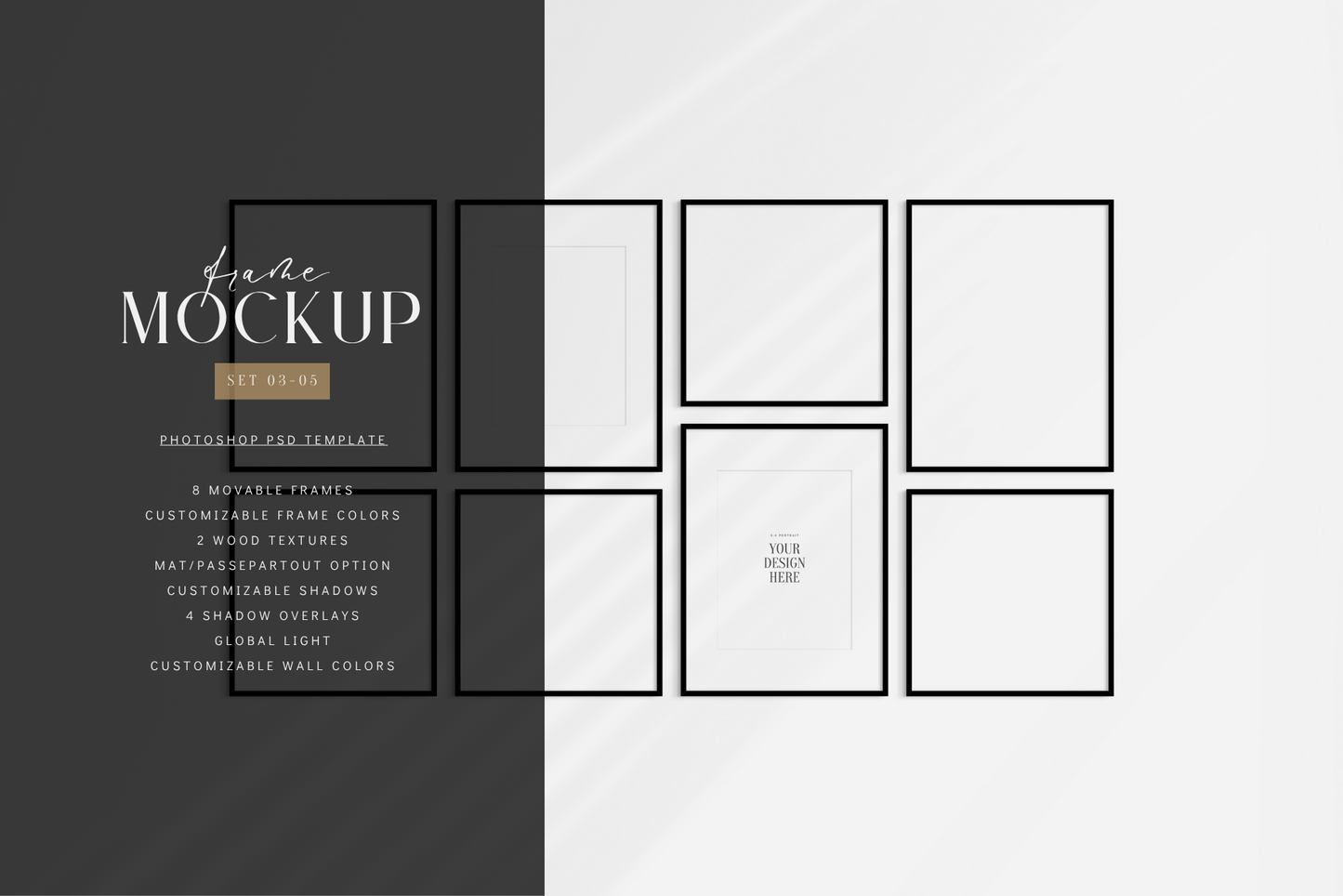 Gallery wall mockup set of 8 vertical and square black frames, PSD wall art mockup template.