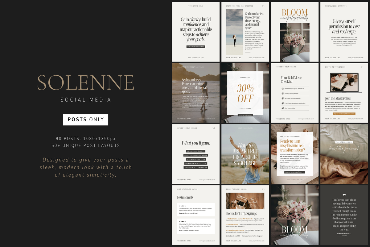 SOLENNE collection of 90 sleek, modern Instagram post Canva templates with a minimalist aesthetic.