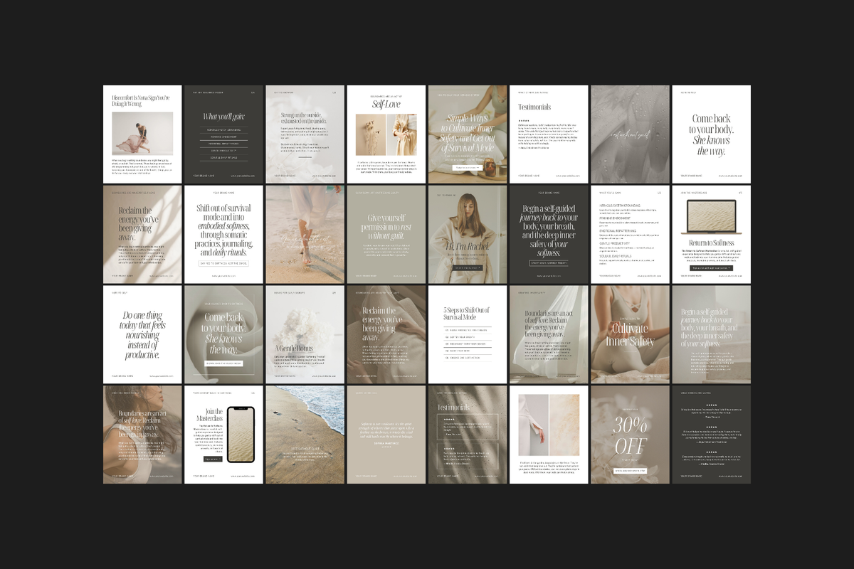 AKAELIS Instagram carousel post templates for wellness coaches, soulful creators, and intentional brands. A grid of social media template slides in a neutral beige, brown, and white color palette, displayed on a solid black background.