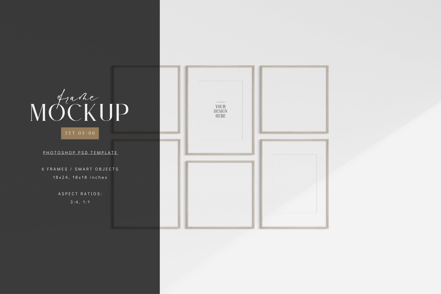 Gallery wall mockup set of 6 vertical and square light wood frames, PSD frame mockup template.