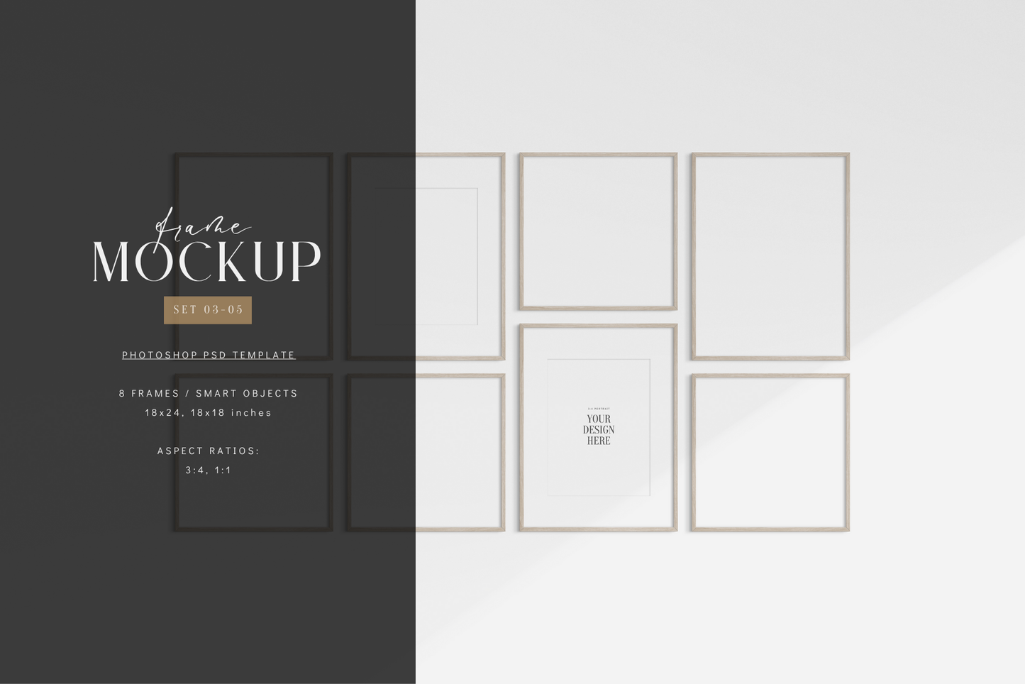 Gallery wall mockup set of 8 vertical and square light wood frames, PSD frame mockup template.