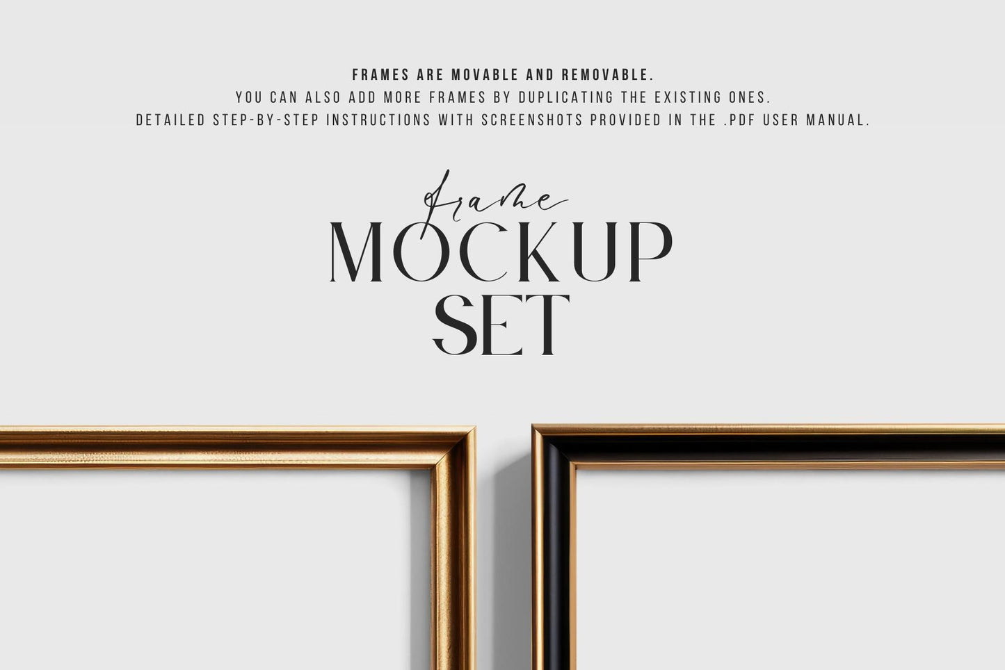 Metallic Frame Mockup Set of 2 Vertical Frames 5:7 | Elegant Black and Gold Frame Mockup Set | PSD Template + Transparent PNG Files