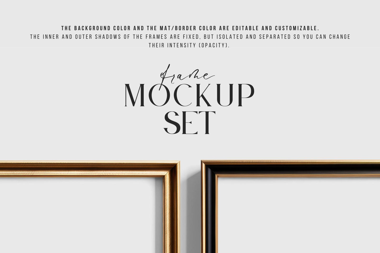 Metallic Frame Mockup Set of 2 Vertical Frames 5:7 | Elegant Black and Gold Frame Mockup Set | PSD Template + Transparent PNG Files