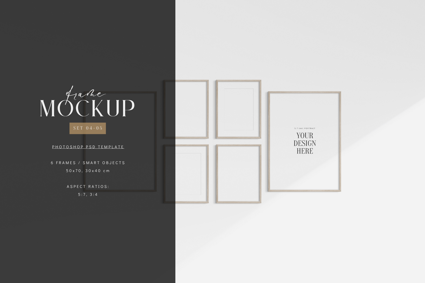 Minimalist gallery wall mockup set of 6 light wood frames, PSD frame mockup template.