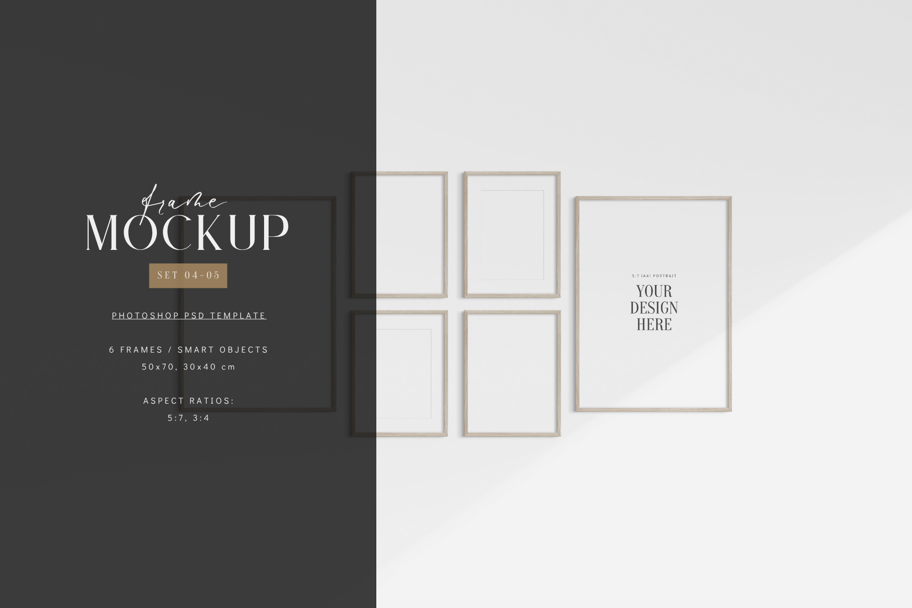 Minimalist gallery wall mockup set of 6 light wood frames, PSD frame mockup template.