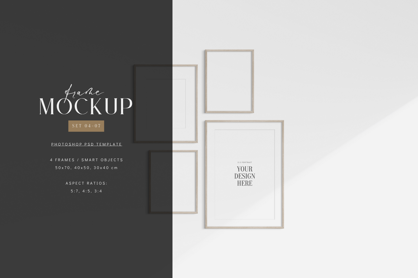 Minimalist gallery wall mockup set of 4 light wood frames, PSD frame mockup template.
