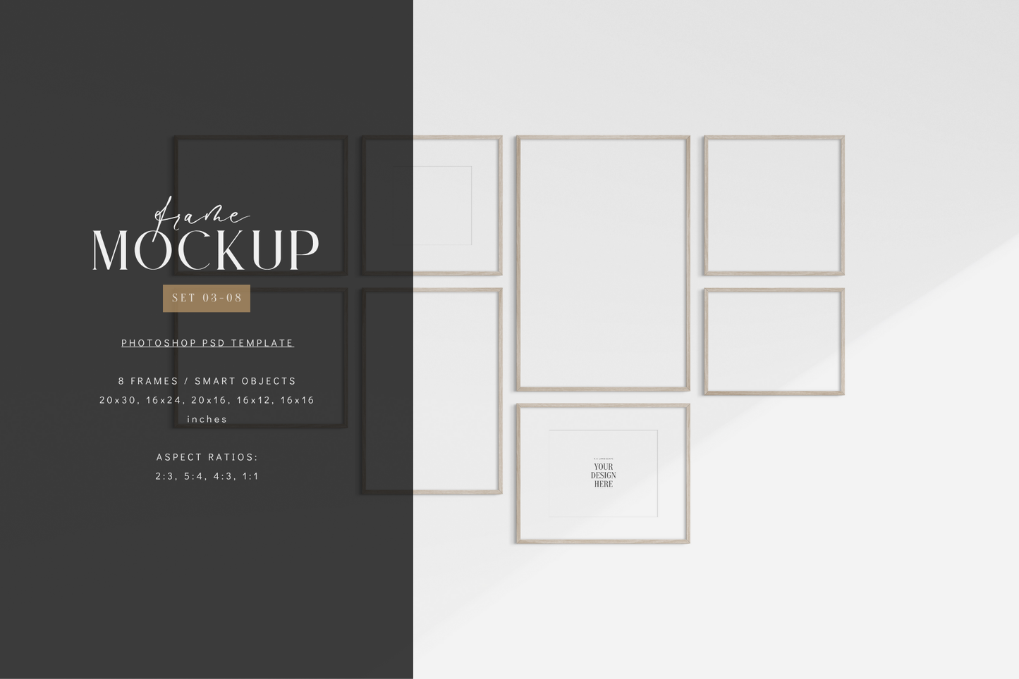 Minimalist gallery wall mockup set of 8 light wood frames, PSD frame mockup template.
