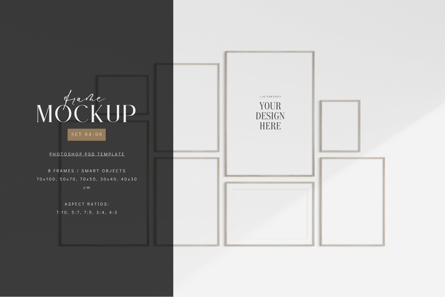 Minimalist gallery wall mockup set of 8 light wood frames, PSD frame mockup template.