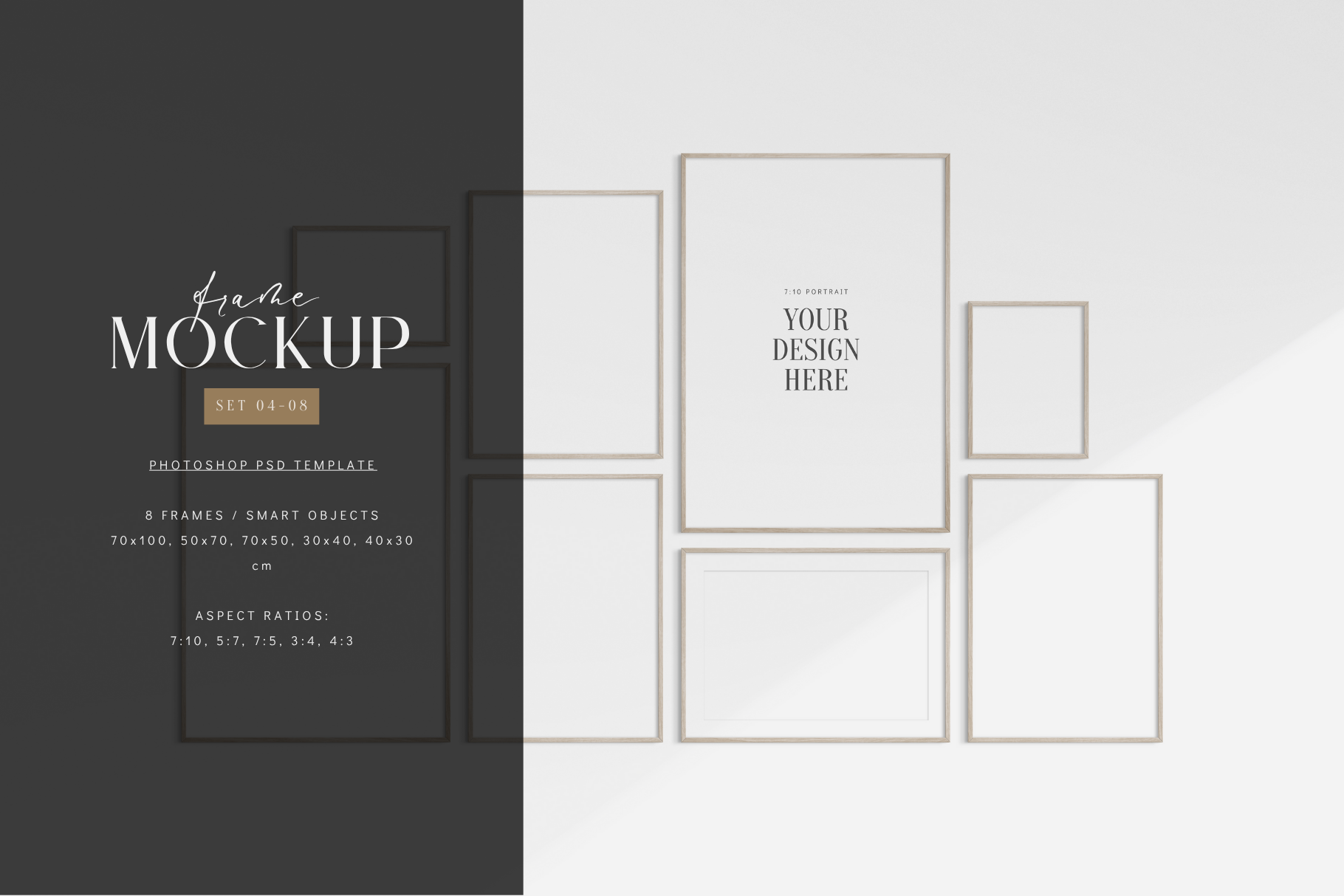 Minimalist gallery wall mockup set of 8 light wood frames, PSD frame mockup template.