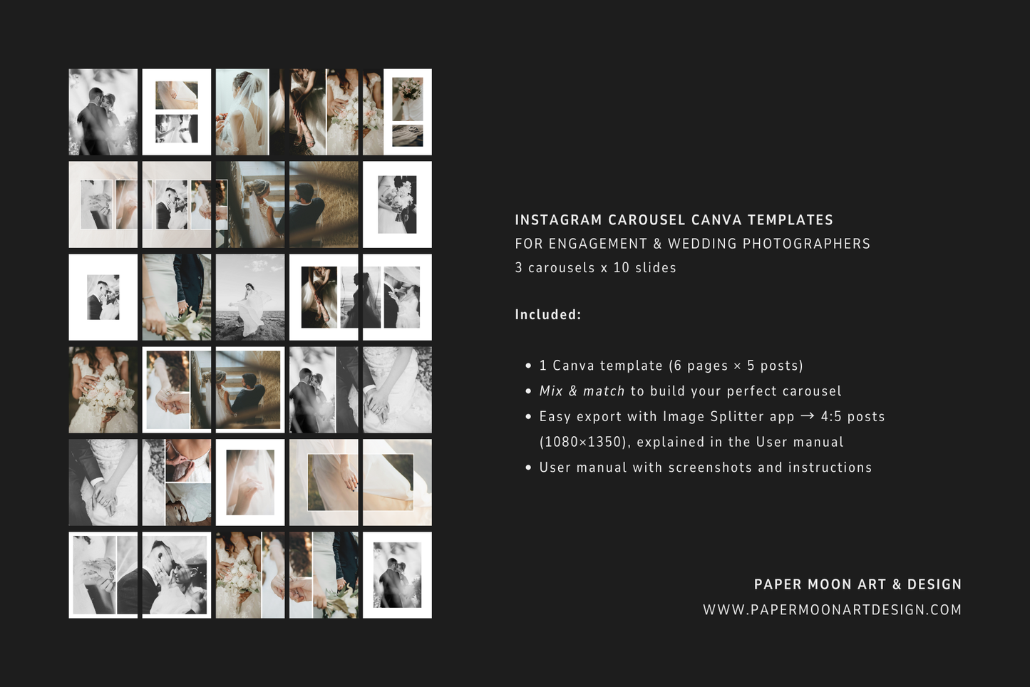 Wedding photography Instagram carousel posts, Canva templates