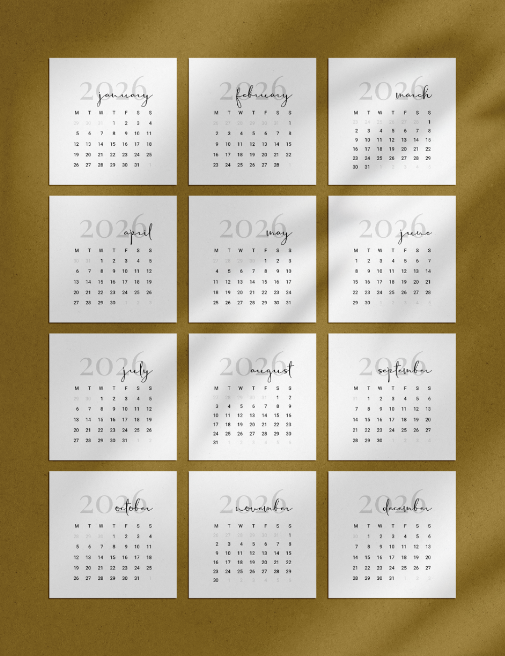 Minimal aesthetic 2026 and 2027 calendar cards for bullet journals and scrapbooks