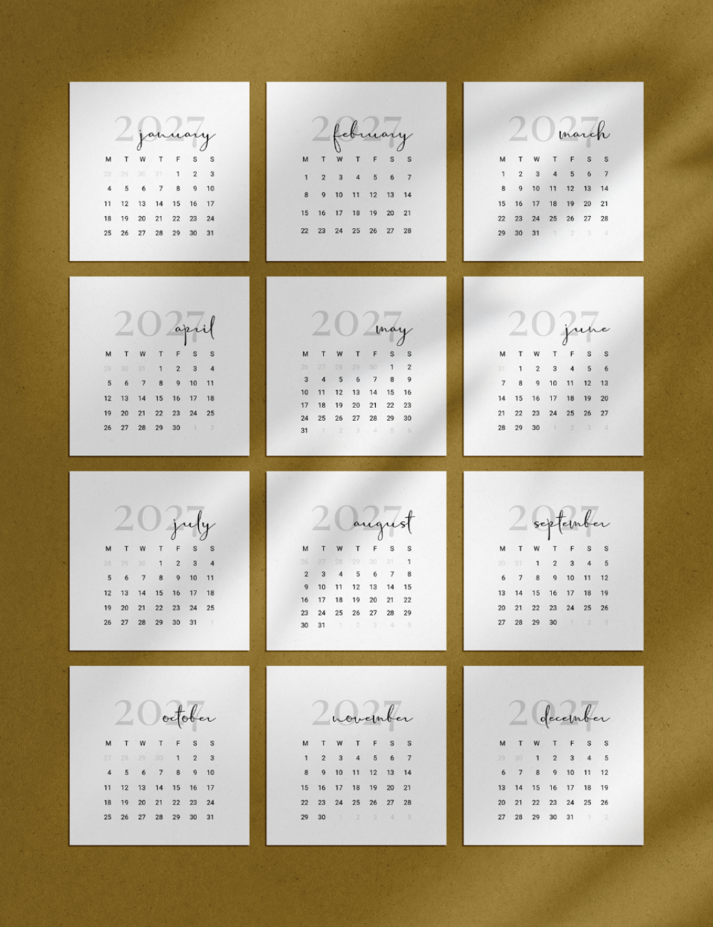 Minimal aesthetic 2026 and 2027 calendar cards for bullet journals and scrapbooks