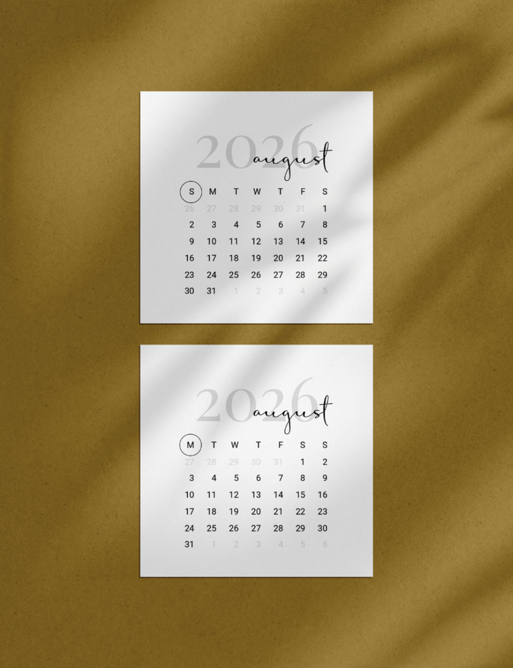 2026 printable bujo calendar cards with simple, modern design