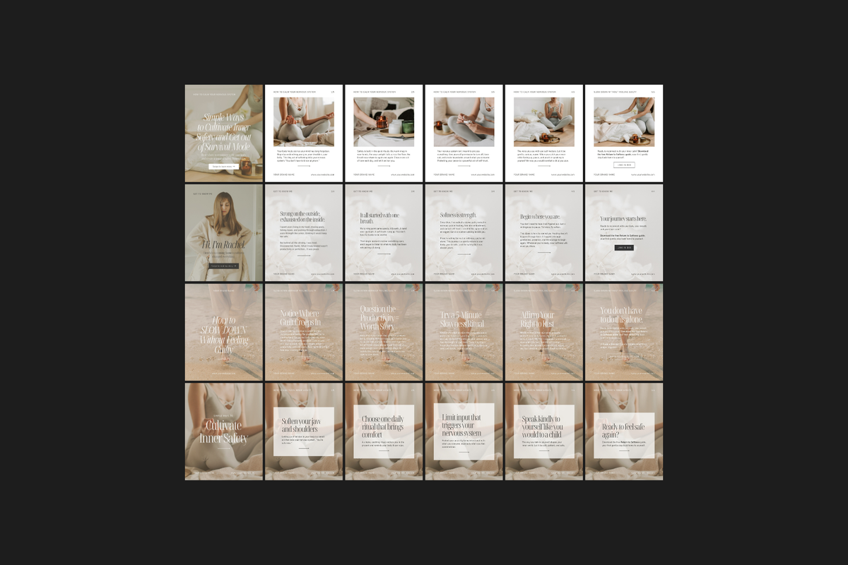 Customizable multi-slide Instagram carousel Canva templates with feminine layouts and refined typography. A grid of Instagram carousel post templates on a dark gray background, featuring warm-toned lifestyle photos and text blocks related to health and wellness.