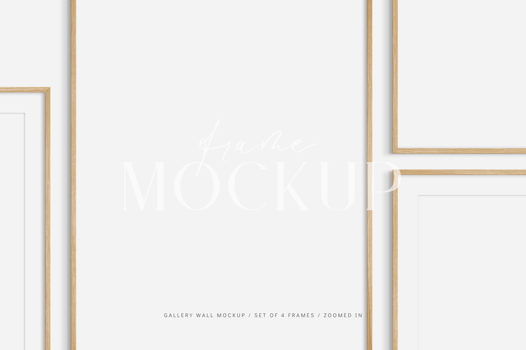 Gallery wall mockup set of 4 wooden frames with customizable mat/passepartout feature.