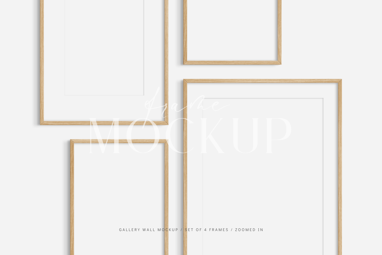 Gallery wall mockup set of 4 wooden frames with customizable mat/passepartout feature.