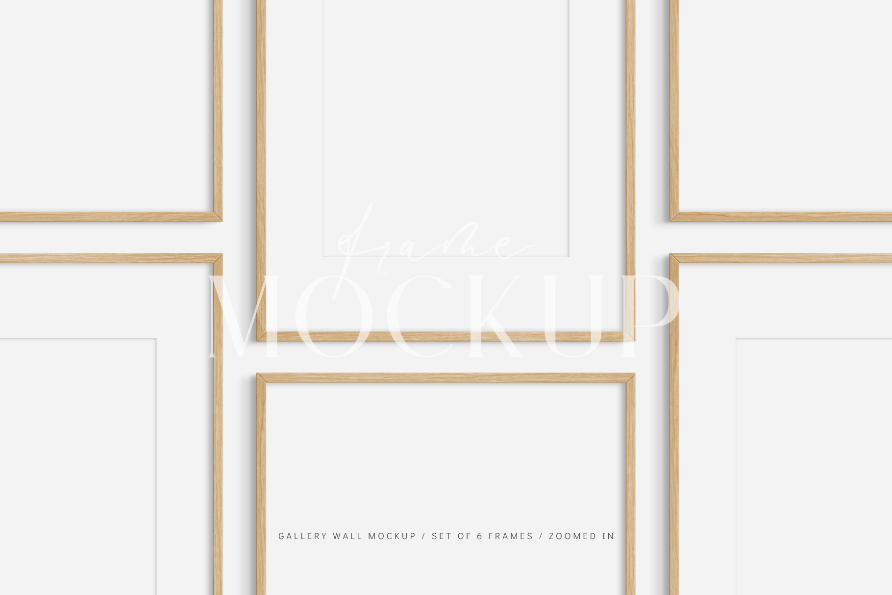 Gallery wall mockup set of 6 wooden frames with customizable mat/passepartout feature.