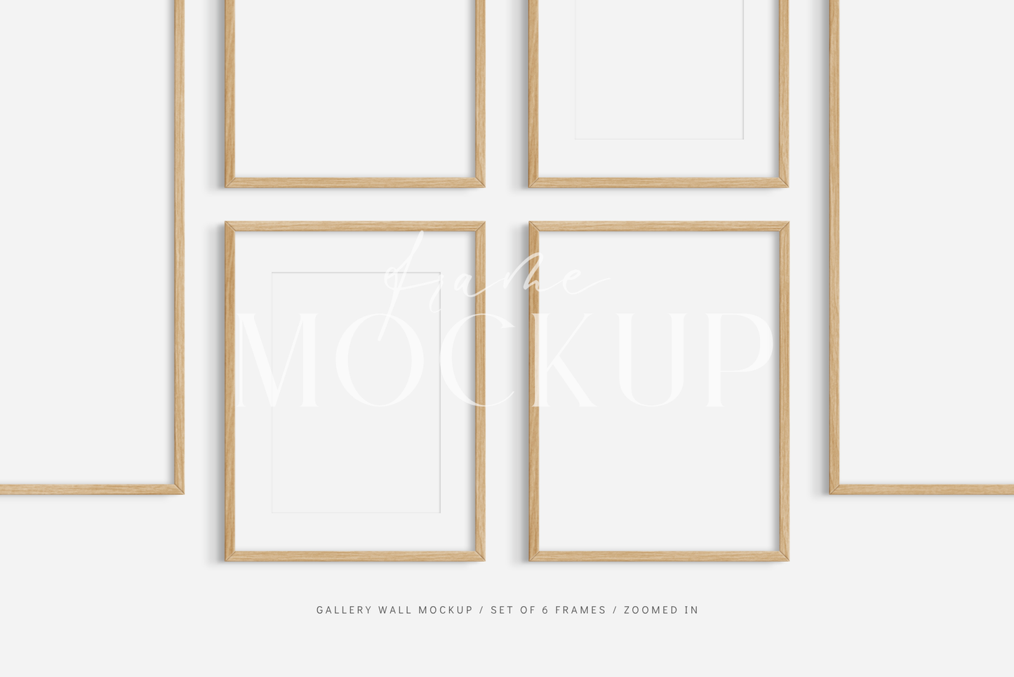 Gallery wall mockup set of 6 wooden frames with customizable mat/passepartout feature.