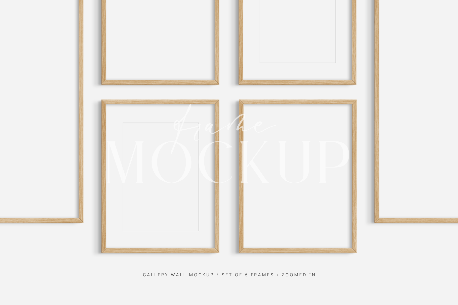 Gallery wall mockup set of 6 wooden frames with customizable mat/passepartout feature.