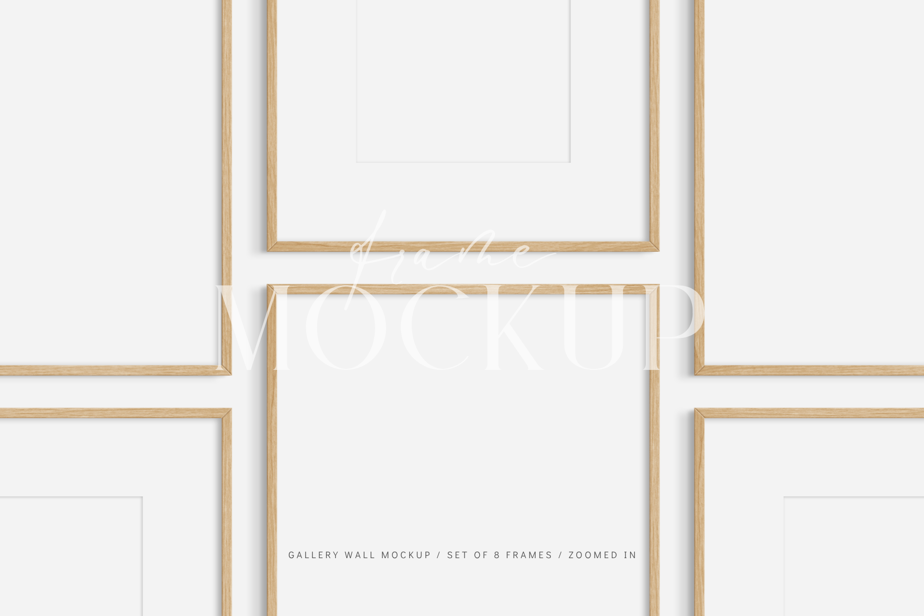 Gallery wall mockup set of 8 wooden frames with customizable mat/passepartout feature.