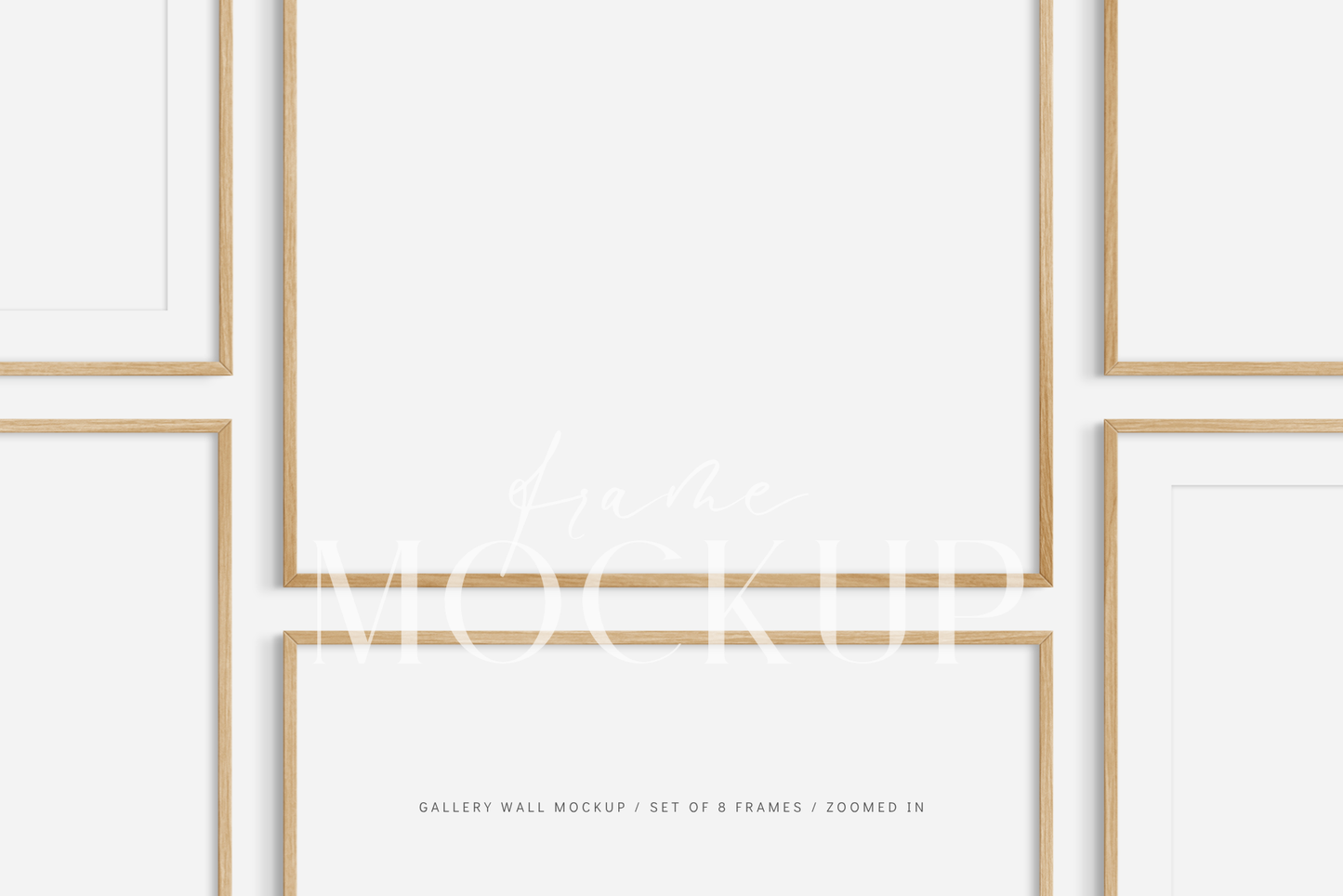 Gallery wall mockup set of 8 wooden frames with customizable mat/passepartout feature.