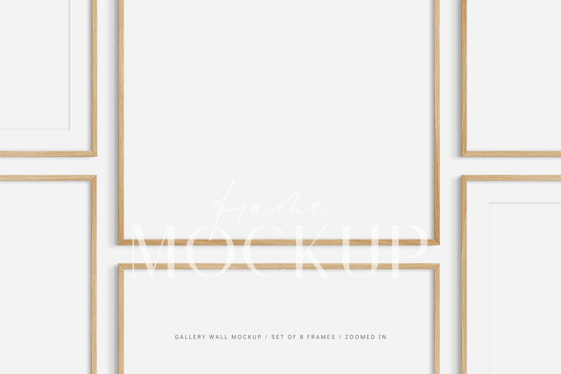 Gallery wall mockup set of 8 wooden frames with customizable mat/passepartout feature.
