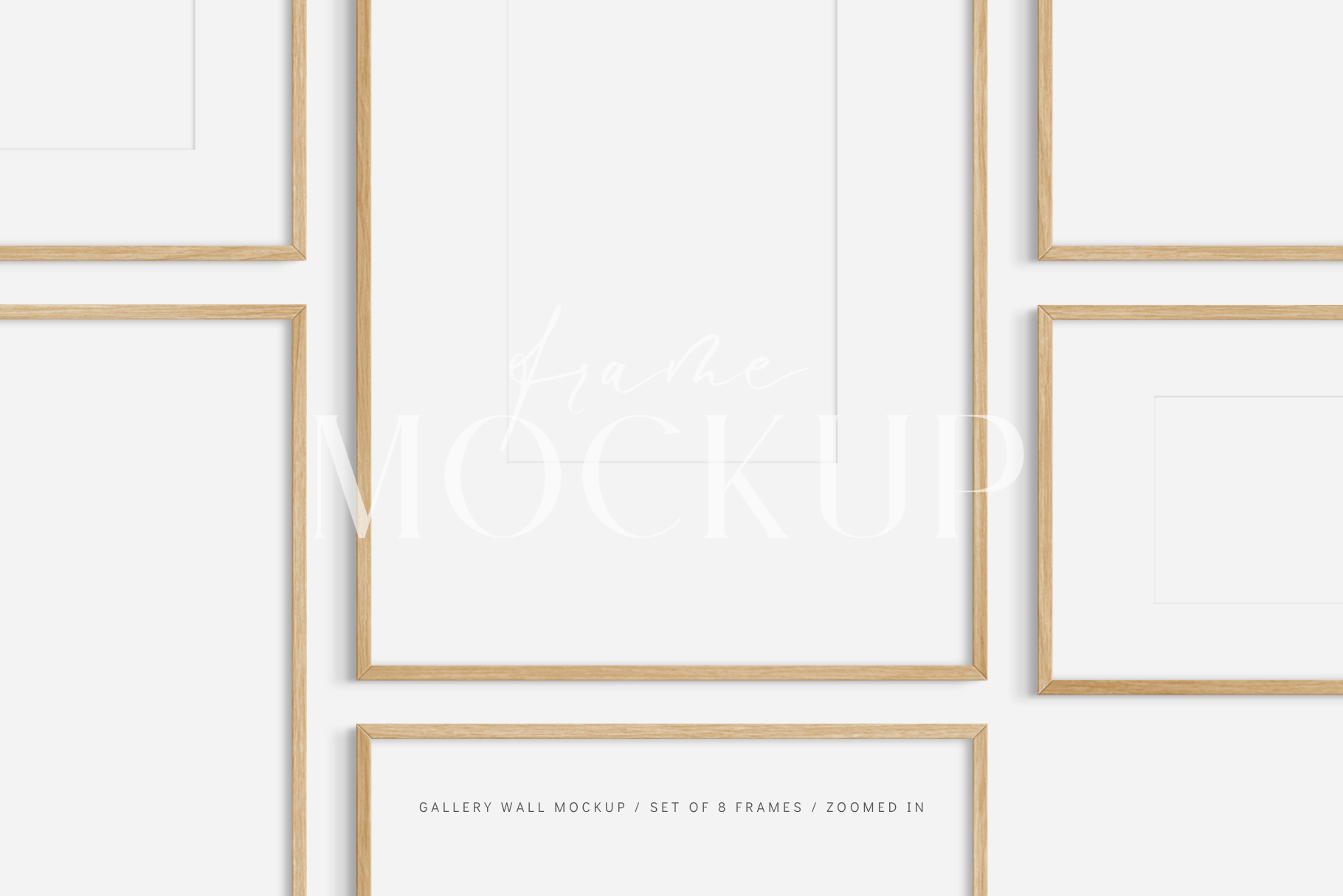 Gallery wall mockup set of 8 wooden frames with customizable mat/passepartout feature.