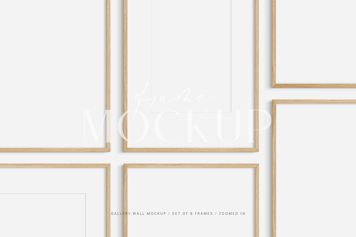 Gallery wall mockup set of 8 wooden frames with customizable mat/passepartout feature.