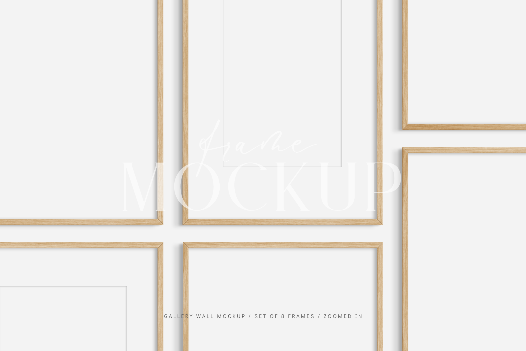 Gallery wall mockup set of 8 wooden frames with customizable mat/passepartout feature.