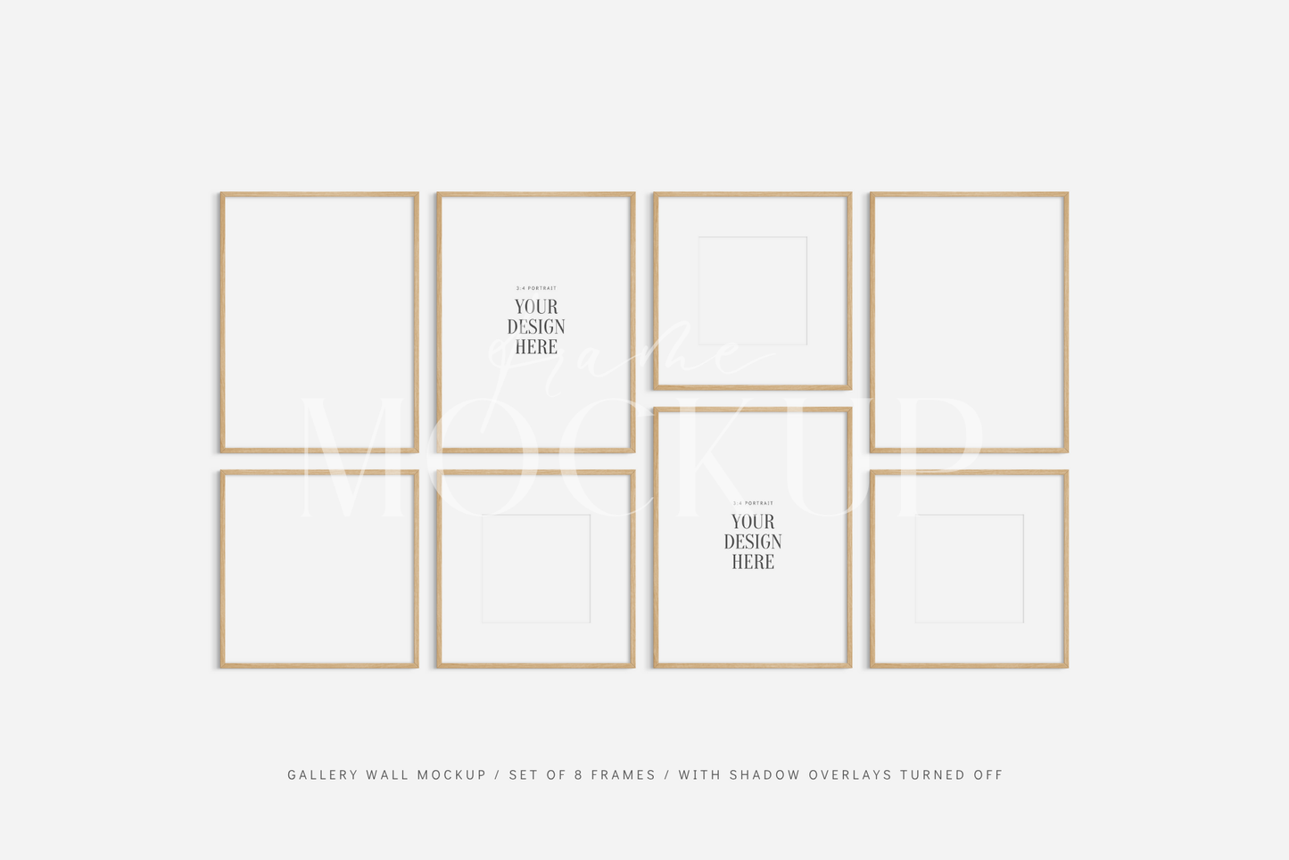 Gallery wall frame mockup set of 8 vertical and square frames, PSD wall art mockup kit.