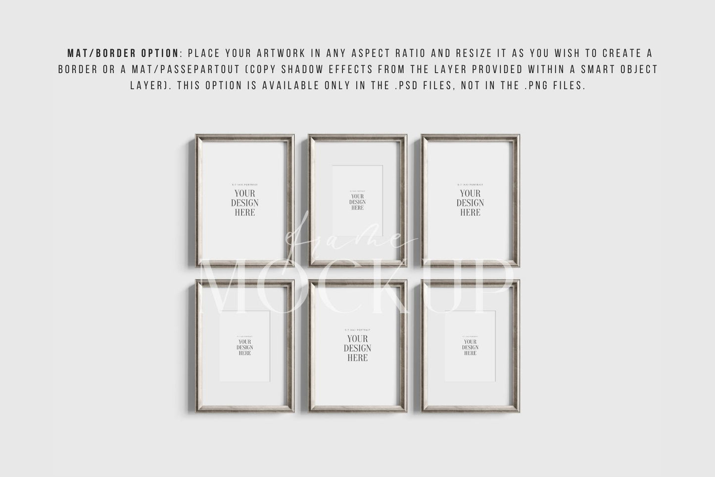 Metallic Frame Mockup Set of 6 Vertical Frames 5:7 A4 | Vintage Silver Frame Mockup Set | PSD Template + Transparent PNG Files