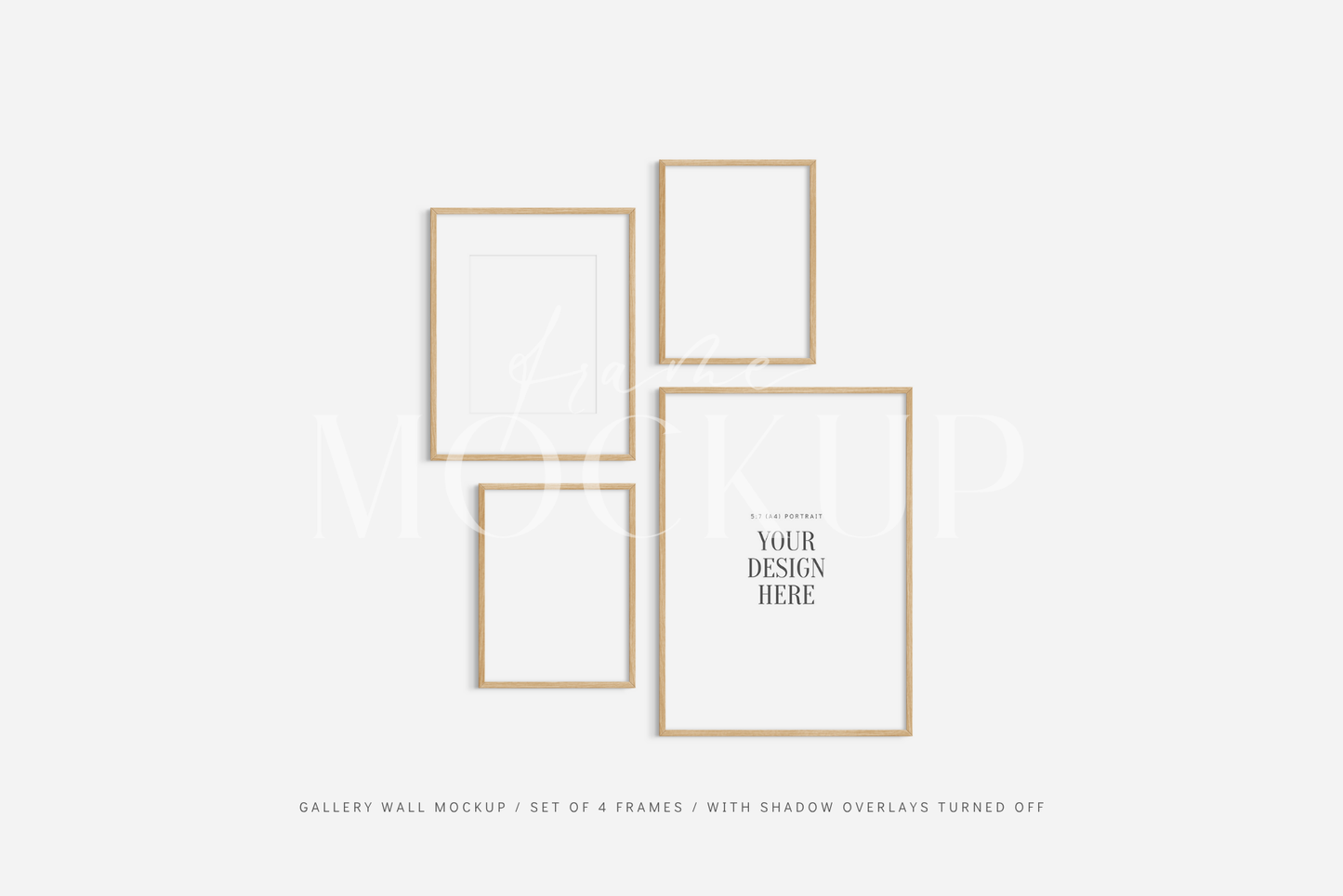 Modern gallery wall frame mockup set of 4 wooden frames, PSD wall art mockup kit.
