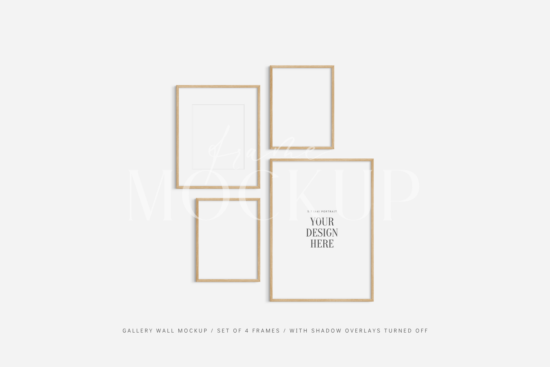 Modern gallery wall frame mockup set of 4 wooden frames, PSD wall art mockup kit.