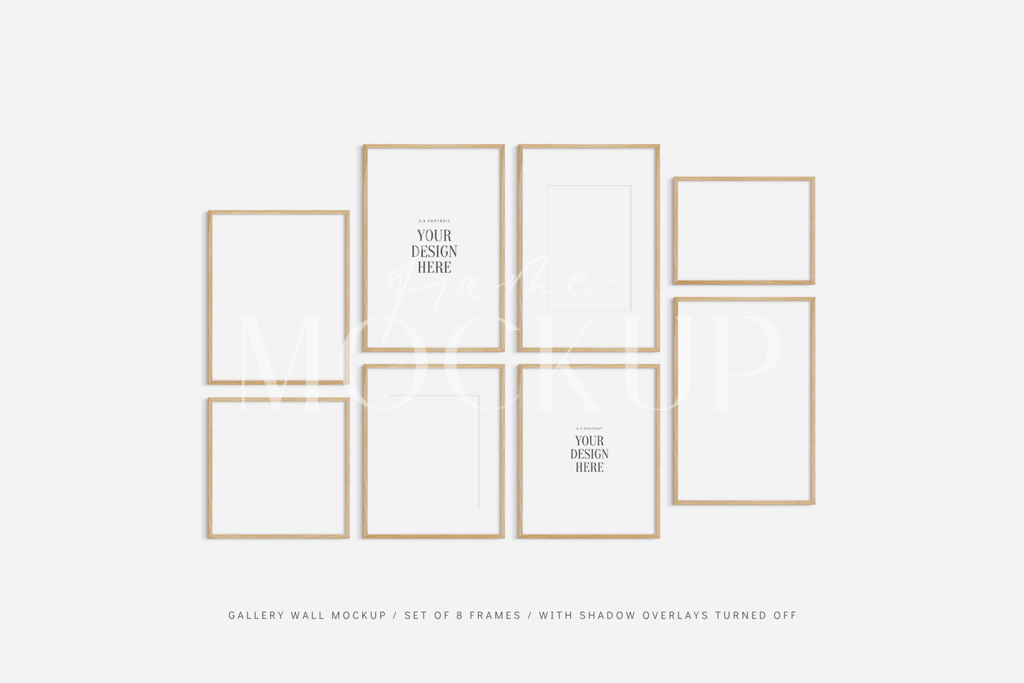 Modern gallery wall frame mockup set of 8 wooden frames, PSD wall art mockup kit.