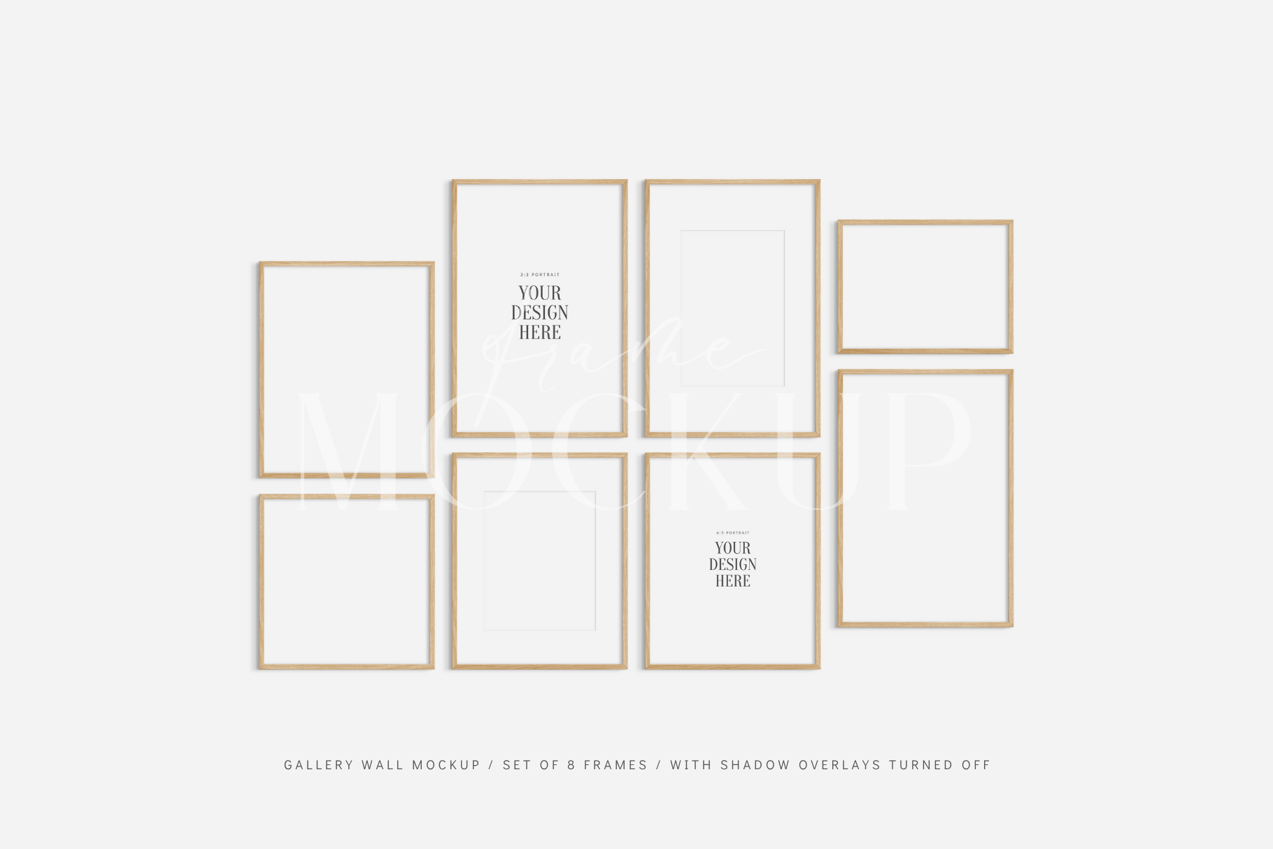 Modern gallery wall frame mockup set of 8 wooden frames, PSD wall art mockup kit.