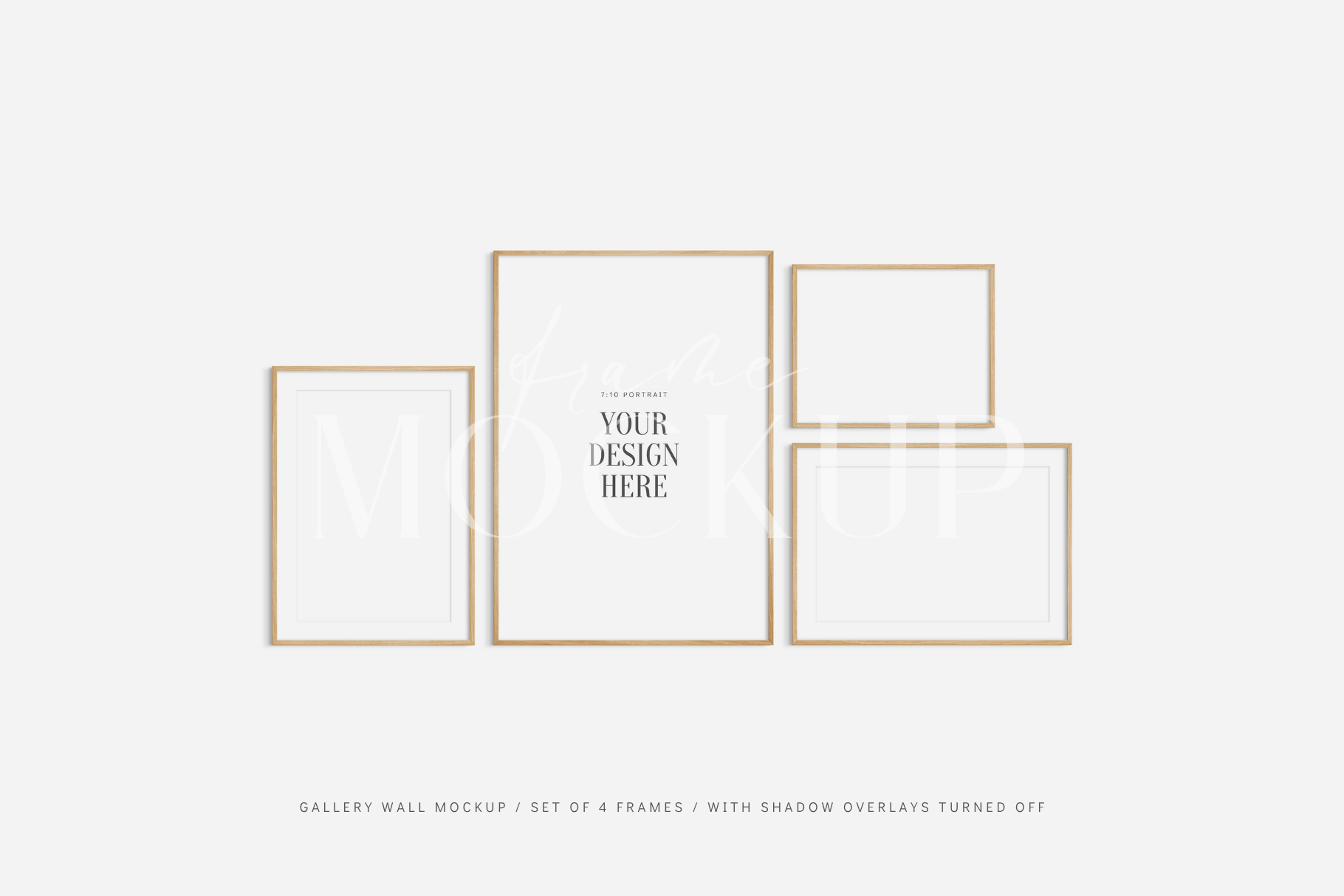 Modern gallery wall frame mockup set of 4 wooden frames, PSD wall art mockup kit.