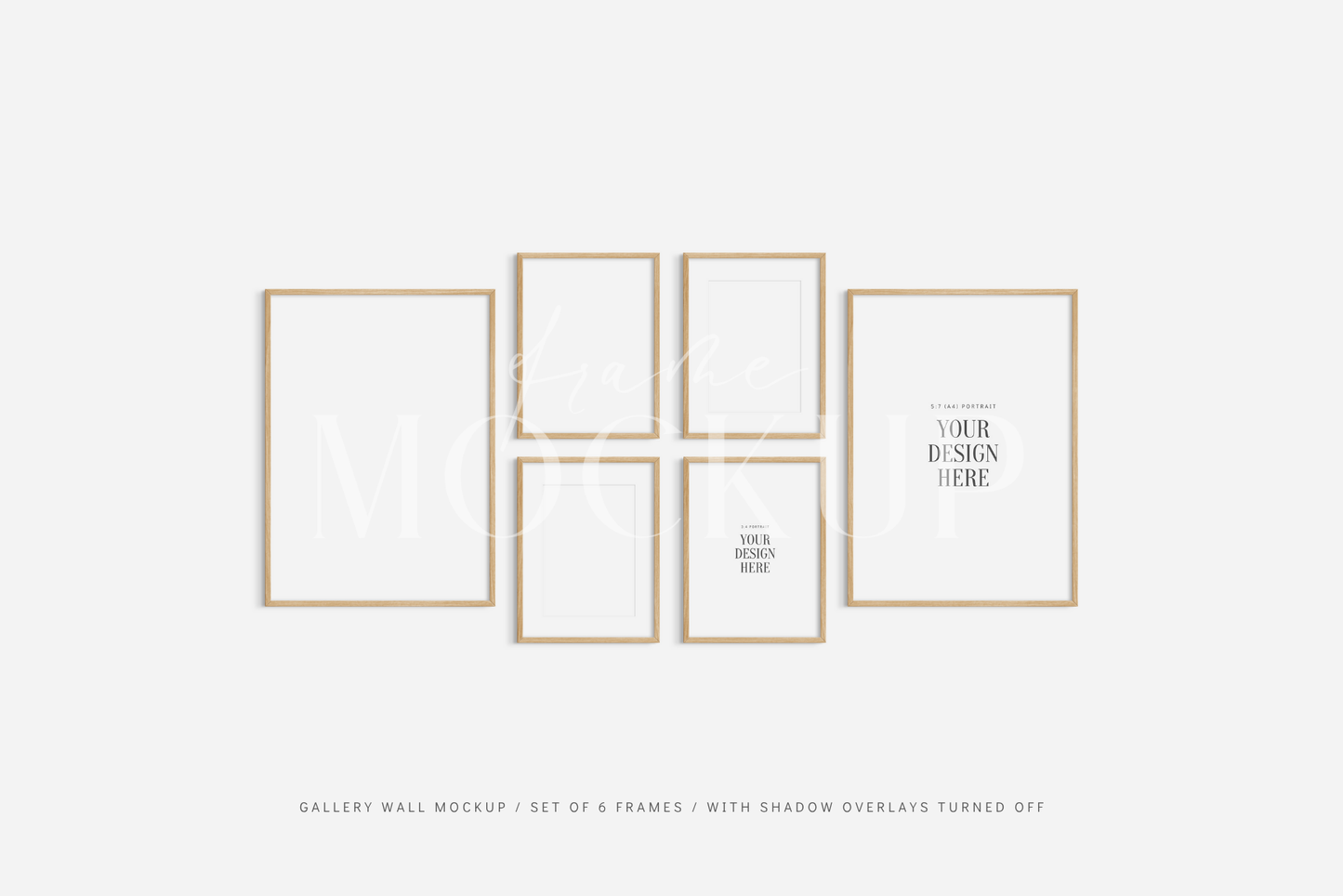 Modern gallery wall frame mockup set of 6 wooden frames, PSD wall art mockup kit.