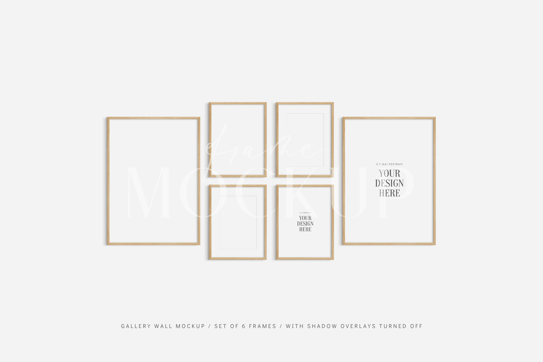 Modern gallery wall frame mockup set of 6 wooden frames, PSD wall art mockup kit.