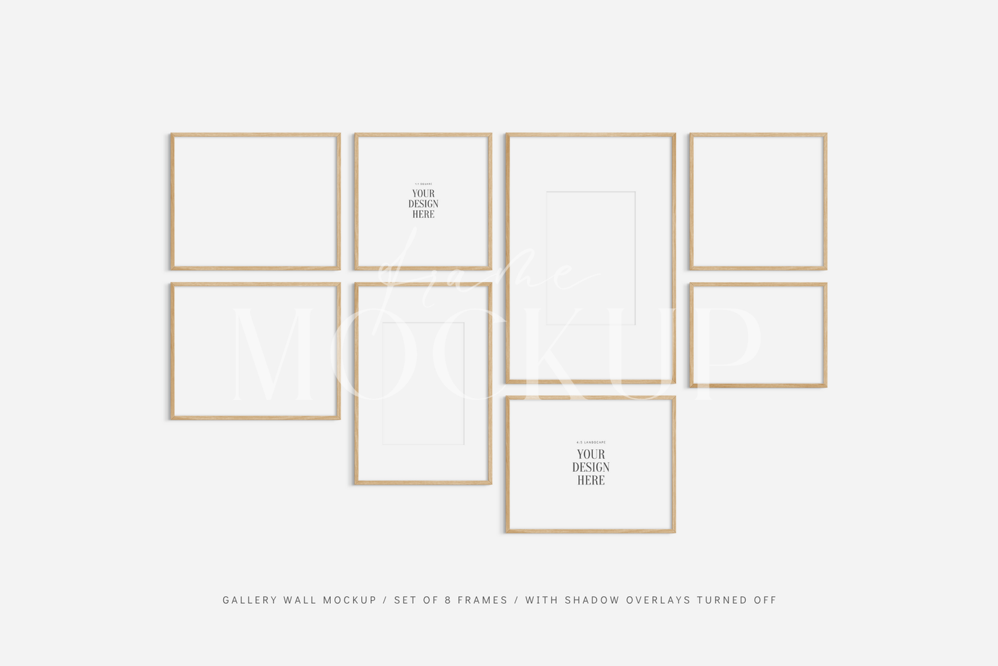 Modern gallery wall frame mockup set of 8 wooden frames, PSD wall art mockup kit.