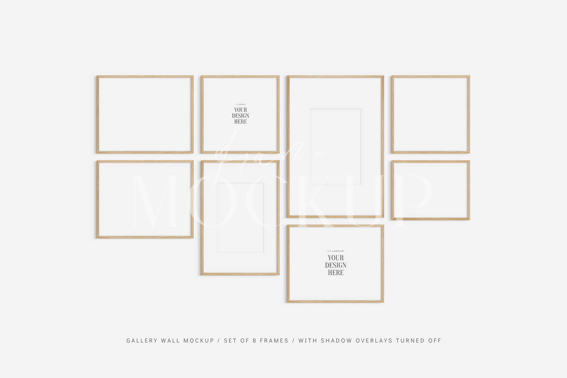 Modern gallery wall frame mockup set of 8 wooden frames, PSD wall art mockup kit.